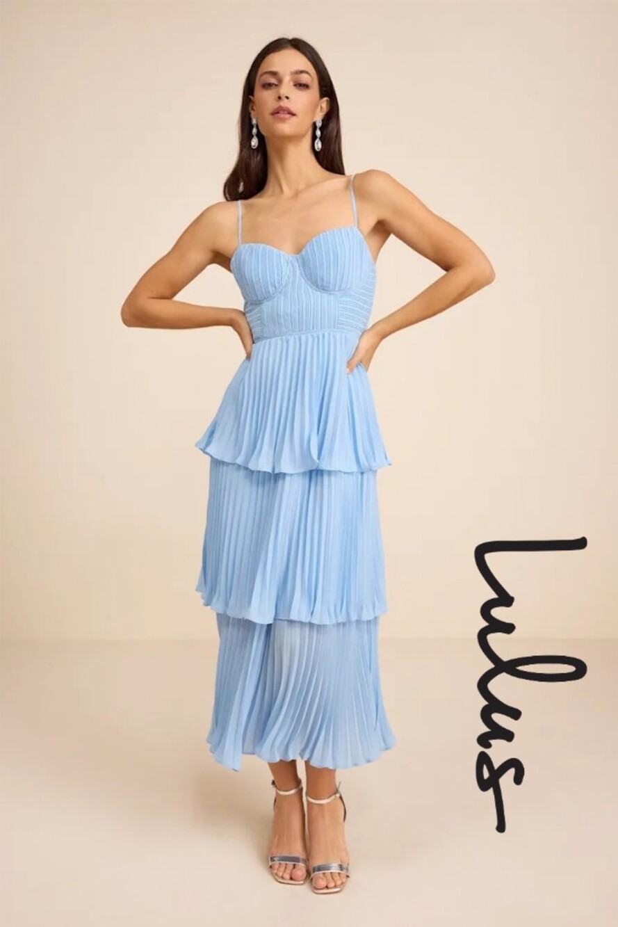Lulus Cascading Crush Light Blue Tiered Bustier Midi Dress